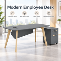 Bureau moderne pour employés avec meuble mobile, poste de travail de bureau en panneau de particules E1 avec pieds en bois de frêne pour espace de travail d'entreprise