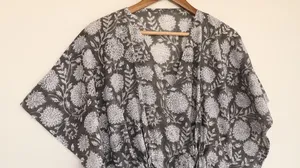 Vestido Kaftan Gris con Estampado de Bloques para Mujer, Cuello en V, Estilo Boho, Algodón, Cómodo, Holgado, Vestido Largo de Verano - Product Image 2