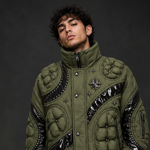 Custom Olive <b>Green</b> Puffer Jacket With Studded Panels And Compass Star Print Design Detail For Unisex Winter Wear - Product Image 6