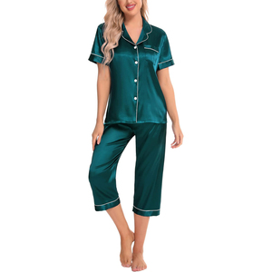Women's <b>Emerald</b> Green Satin Pajama Set Short Sleeve Button Front Elegant Sleepwear Mid Rise Calf Length Pants Smooth Finish - Product Image 3