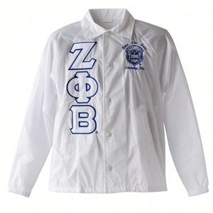 Veste de coach de sororité Zeta Phi Beta avec lettres grecques brodées, ligne croisée, blanche et bleu roi, boutons-pression, et écusson - Product Image 1