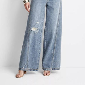 Jean ample taille mi-haute vintage pour femme, avec braguette boutonnée, effet usé, jambe large, respirant, service OEM ODM - Product Image 4