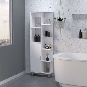 FM FURNITURE Armadio Quimby in Lino con 1 Porta e 9 Ripiani, Mobile da Bagno Bianco - Product Image 1