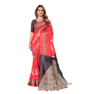 SIGNER LIN IMPRIMÉ NUMÉRIQUE ARGENT BOREDR SAREE AVEC BLOUSE INCOUSÉE ROSE - Product Image 1