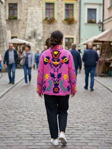 Chaqueta de Mujer de Diseño Bohemio, en Tela de Algodón TNT Rosa, con Bordado a Mano de Aves y Flores Artísticas, Cuello Alto y Manga Larga - Product Image 4