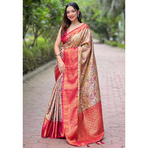 Sari en soie Dharmavaram rose original Elite Weaves avec un motif tissé traditionnel Zari pour les vêtements indiens et pakistanais - Product Image 3