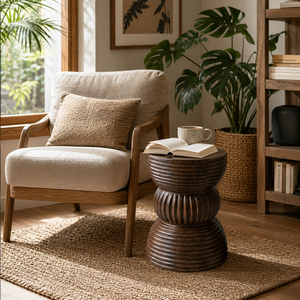 Contemporary Natural Suar Wood Eclipse <b>Stool</b> High Quality Walnut Finish Ribbed Texture Accent <b>Stool</b> Home Decor Hot Item - Product Image 5