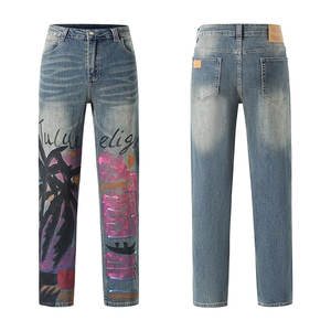 Jean slim en denim délavé imprimé pour homme, coupe droite, mélange de coton, style motard, décontracté, streetwear, mode - Product Image 3