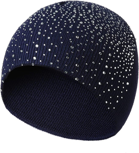 Unisex Rhinestone Knit <b>Waterproof</b> <b>Beanie</b> Hat Navy Blue Sparkle Winter Soft Stretch Ribbed Cuff Warm Casual Adjustable Cold - Product Image 2