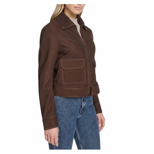 แจ็คเก็ตหนังแกะสีน้ำตาลสั้นสำหรับผู้หญิง ไซส์ XS ผลิตจากหนังกลับกันลมอย่างดี - Product Image 1