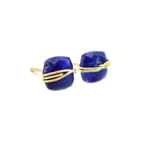 Handmade Dyed Sapphire Stud Earrings | 8mm <b>Blue</b> <b>Cushion</b> Wire Wrapped <b>Gold</b> Plated Fashion Stud Jewelry - Product Image 3