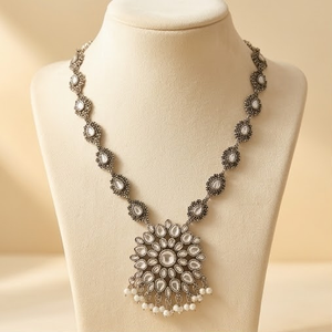 DIVYORO FLORAL MEDALLION OXIDIZED SILVER <b>NECKLACE</b> with PEARL DROPS BOHO CHIC <b>LONG</b> ADJUSTABLE for ANNIVERSARY - Product Image 1