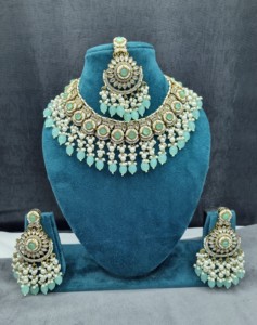 Handcrafted Round Stone Heavy Choker Necklace With Earrings And Mangtika Traditional Ethnic Designer Fashion Jewellery Wholesale - Product Image 2