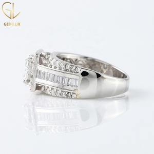 Princess Moissanite Engagement <b>Ring</b> with Quad Diamond Band, Baguette & Round Cut Halo Design, 14K Solid White Gold <b>Ring</b> - Product Image 5