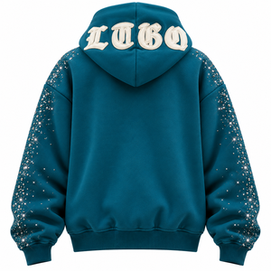 Nueva Sudadera con Capucha Unisex Extra Grande Color Verde Azulado con Cierre y Mangas con Pedrería, Estampado de Letras Góticas, 100% Algodón Ecológico, Estilo Hip Hop Urbano - Product Image 4