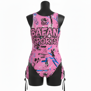 Maillot de bain pour femme en tissu côtelé polyester élasthanne 240 GSM premium, panneau graphique rose, impression par sublimation, logo. - Product Image 6