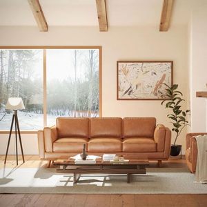 Sofá de 3 Plazas Tapizado de Lujo Estilo Mid-Century, con Madera Sólida y Reposabrazos de Madera, Máxima Comodidad, para Salón de Hotel - Product Image 1
