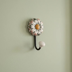 Ceramic Daisy Flower Wall <b>Hook</b> with <b>Black</b> Metal <b>Hook</b> Eco-Friendly & Waterproof Vintage Style for Clothing Storage Cute Decor - Product Image 3