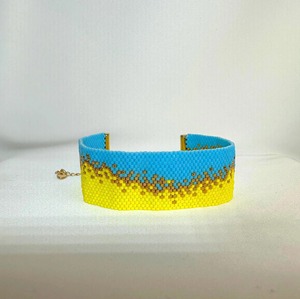 Handmade Beaded Cuff Bracelet Blue Yellow Gold Pattern Fashionable Artisan Jewelry Promotional Novelty <b>Gift</b> - Product Image 1