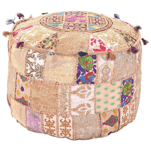 Pouf circulaire bohème artisanal en tissu, design patchwork décoratif, emballage individuel - Product Image 4