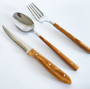 Ensemble de couverts en acier inoxydable avec manche en bois, couteau, fourchette, cuillère, design minimaliste, passe au lave-vaisselle, couverts de camping - Product Image 1
