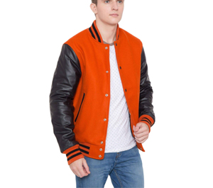 Men's Orange Varsity Jacket With PU Leather Sleeves Regular Fit Casual Autumn Wear Turn-down Collar <b>Button</b> Closure - Product Image 3