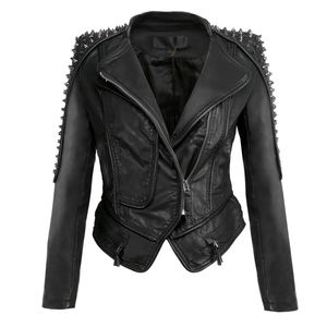Women's PU <b>Leather</b> Moto Jacket With Shoulder <b>Rivets</b> Zipper Closure Spread Collar Full Sleeve Autumn Style - Product Image 1