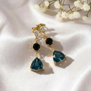 London Blue Topaz Jewelry Deep Blue Trillion Cut & Black Obsidian <b>Earrings</b> Gemstone Stud Dangle <b>Earrings</b> With CZ Accent Handmade - Product Image 2