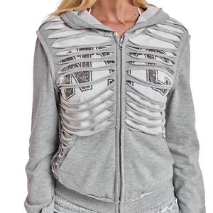 Custom Women Distressed Ripped Zip Up <b>Hoodie</b> Grey <b>Skeleton</b> Slash Graphic Print Vintage Y2K Streetwear Sweatshirt - Product Image 3