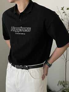 Polo de Hombre con Estampado de Letras en Tela Texturizada Negra, Verano - Product Image 4