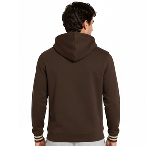 Sweat à capuche marron chocolat pour homme, très demandé, avec poignets rayés crème, style streetwear masculin - Product Image 4