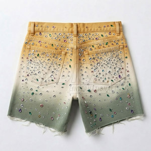 Shorts décontractés pour hommes, style streetwear moderne d'été, en toile 100% coton, épais, délavé soleil, orné de strass, tendance - Product Image 2