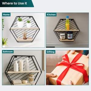 Étagère murale suspendue Better Home à deux compartiments en forme de losange, cadre en fer, étagère murale en bois de pin pour salon, chambre à coucher - Product Image 3