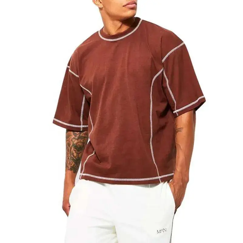 Camiseta de algodão 300 GSM em branco para homens, camiseta grande com costura única e contraste quadriculado, ideal para homens