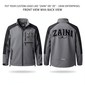 Chaqueta Softshell ZAINI Premium de 220 Gramos, Resistente al Agua, Gris con Paneles Negros, Cuello Alto, Ropa de Trabajo para Exteriores con Capucha - Product Image 1