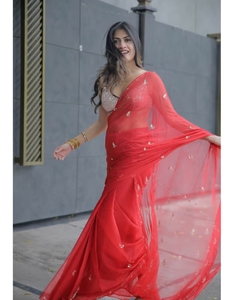 KV Cerise <b>Red</b> Chiffon Work Saree With Unstitched <b>Blouse</b> - Product Image 2