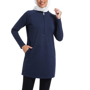 Robe de sport modeste à manches longues pour femmes, couleur marine unie, avec poches zippées, séchage rapide, respirante, écologique, pour le yoga et la remise en forme - Product Image 6