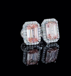 Luxury Emerald-Cut <b>Pink</b> Diamond Halo Stud Earrings Premium Crystal Bridal & Party Wear Earrings for Women - Product Image 3