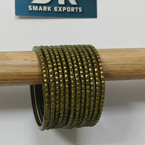 Elegant Green Glass <b>Bangles</b> Set with Velvet Work and Gold Studded Design Traditional Handmade Women Jewelry - Product Image 6