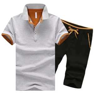 Men's Cotton <b>Polo</b> Shirt Set Solid Color Breathable Casual Summer Wear Gray <b>Orange</b> Trim Black Shorts - Product Image 1