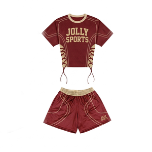 Conjunto Deportivo Corto de Malla de Poliéster 180 GSM para Mujer, Paneles Rojos y Azul Marino, Sublimación Personalizada, Bordado Tackle Twill, Ropa Deportiva para Mujer - Product Image 2