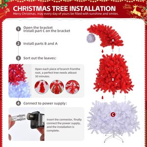 Albero di Natale Pre-Illuminato da 1,8 m con Cappello di Babbo Natale, 300 Luci e 1050 Punte di Rami, Albero di Pino Artificiale con Cerniere in Materiale PE - Product Image 6
