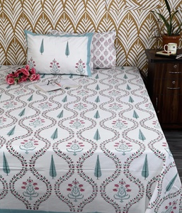 Hand Block Print Floral Cotton Flat Sheet Jaipur Indian Boho Bedding Queen <b>King</b> Handmade <b>Bedspread</b> - Product Image 4