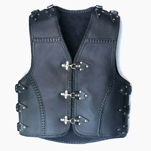 Gilet de motard en cuir véritable pour homme, col en V, simple boutonnage, avec rivets décoratifs, vêtement d'extérieur pour moto - Product Image 1