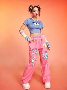 Pantalones Anchos Rosas con Estampado de Dibujos Animados, Cintura Alta Elástica, Estilo Y2K, Pantalones Holgados de Poliéster Transpirable para Mujer - Product Image 2