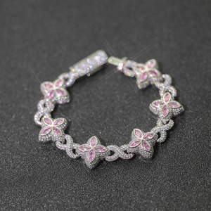 Bracelet floral en argent 925 avec diamants de laboratoire pour femme, style tennis, maillons trèfle glacés, bijou de luxe, cadeau tendance - Product Image 2