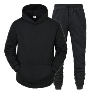 Unisex Black Cotton Tracksuit Hoodie and Pant Set Full Length Regular Fit Solid Color Casual Autumn Wear with Drawstring Closure - Product Image 1