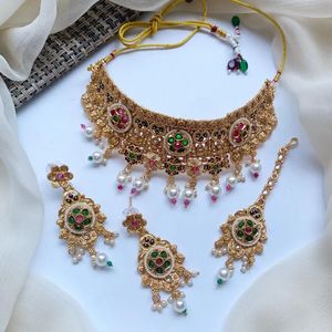 Indo Western Kundan Gold Plated Choker Necklace <b>Set</b> With Gold Plating Artificial Jewellery Wholesalers in India - Product Image 6