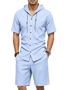 Men Solid Color Hooded Button-Up Shirt Set Elastic Waist Shorts Breathable Knitted Polyester/Cotton 200g Casual Summer Outfit - Product Image 3