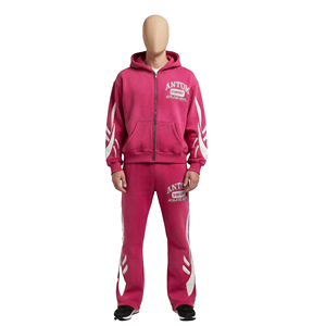 Pink Hooded Tracksuit Set Full Zipper Cotton <b>Athletic</b> Department Print Unisex Casual Jogging Suit Autumn Wear - Product Image 2